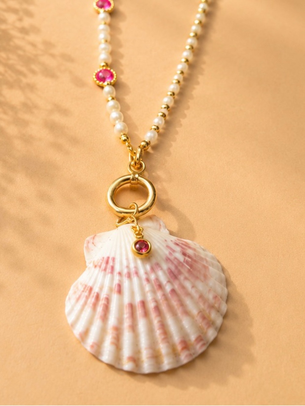 Gold Pearl & Pink Shell Pendant Necklace